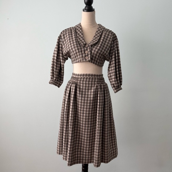 Dresses & Skirts - Vintage 2-Piece Brown Gingham Skirt & Crop Top Set | XS
